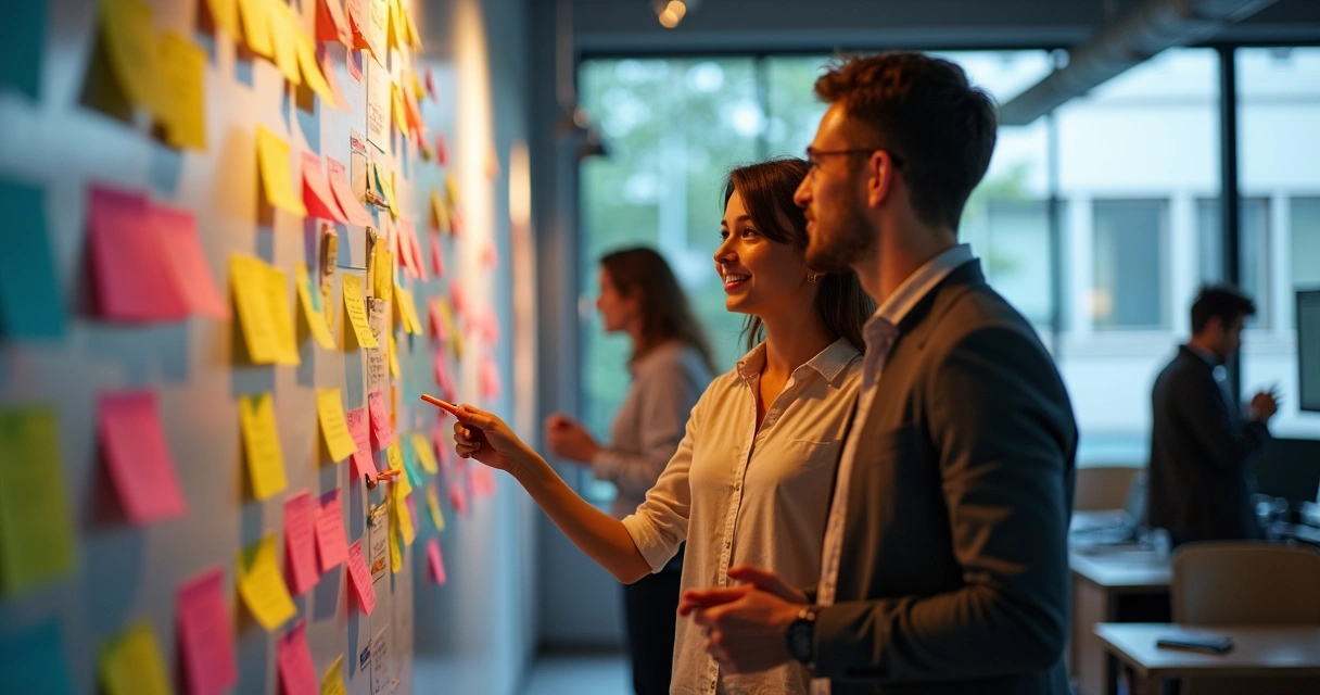Duas pessoas trocando ideias em frente a um quadro com post-its coloridos