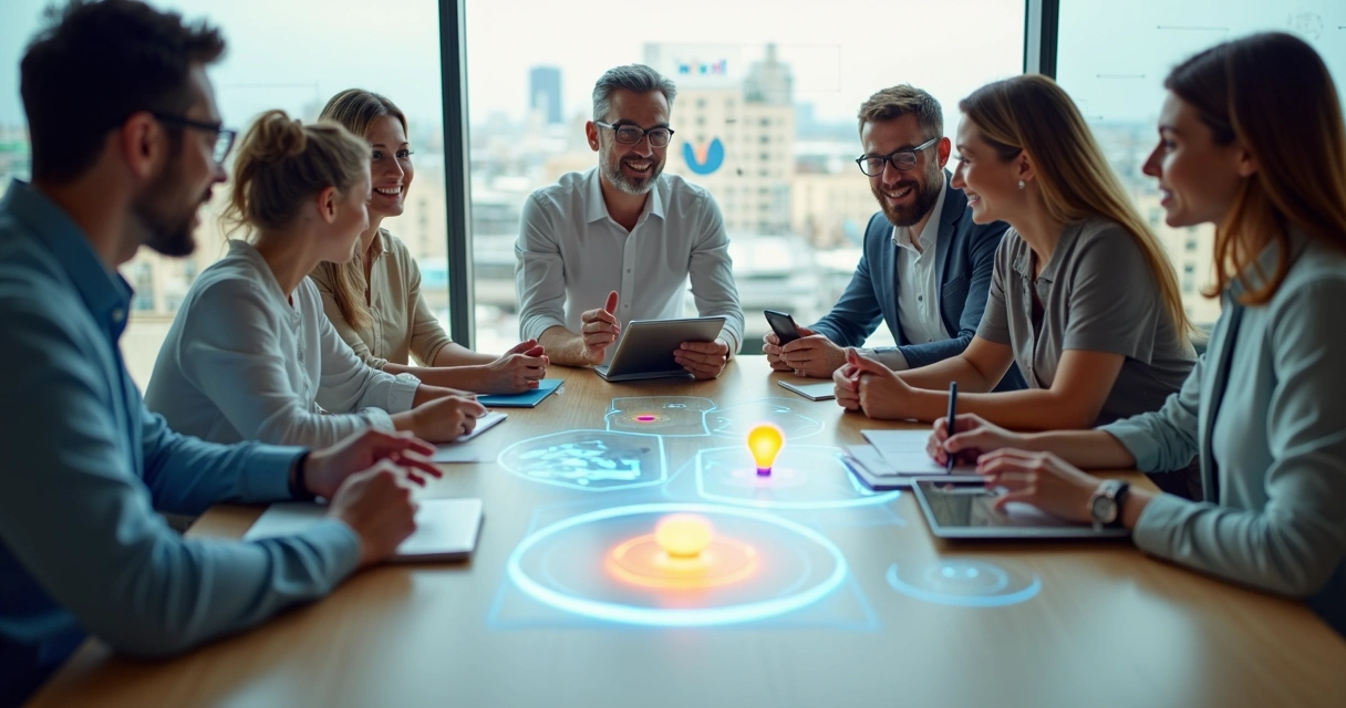 Grupo diverso em reunião conectando propósito pessoal e metas organizacionais 