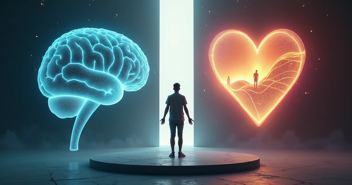 Pessoa em pé diante de cérebro e coração equilibrados em luz azul e dourada 