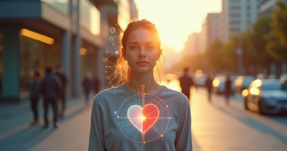 Pessoa em pé diante da cidade com metade do corpo representando razão e metade emoção 