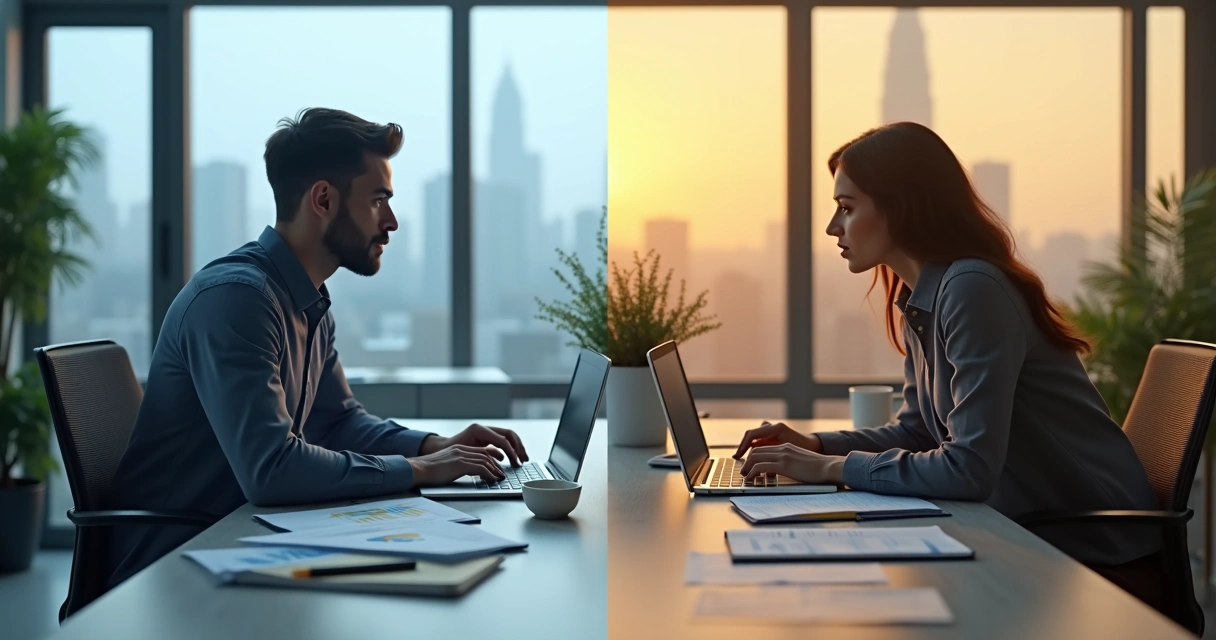 Profissional em escritório dividido entre lado analítico e lado emocional 