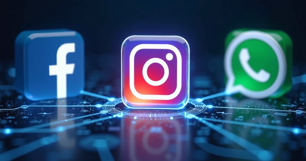 Visão ilustrativa de integração entre Facebook, Instagram e WhatsApp para negócios. 