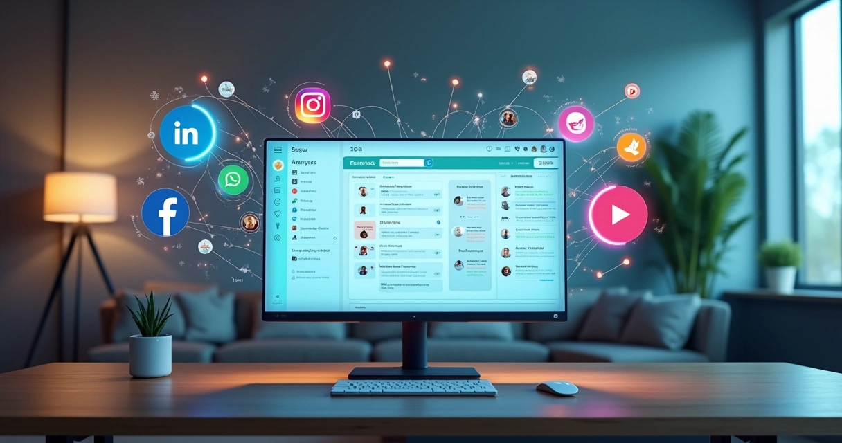 Tela de CRM com ícones de redes sociais conectados por linhas de integração 