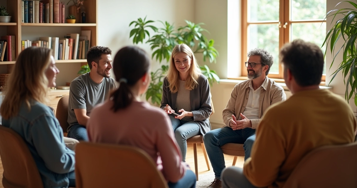 Grupo de pessoas de diferentes idades conversando em círculo em uma sala clara