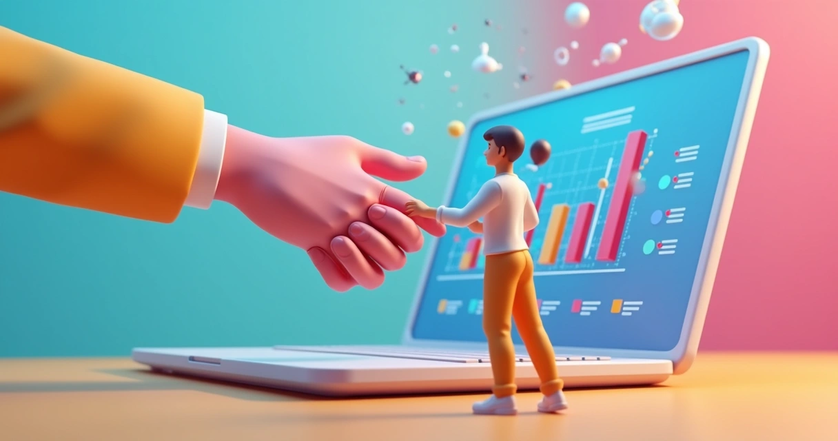 Integração entre revendedor e empresa, com aperto de mãos digital e gráficos ao fundo. 