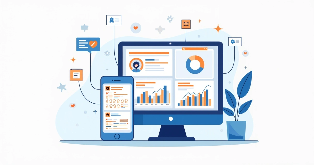 Ilustração corporativa mostrando integração de avaliações do iFood em dashboard de análise de experiência do cliente com gráficos e ícones de feedback 