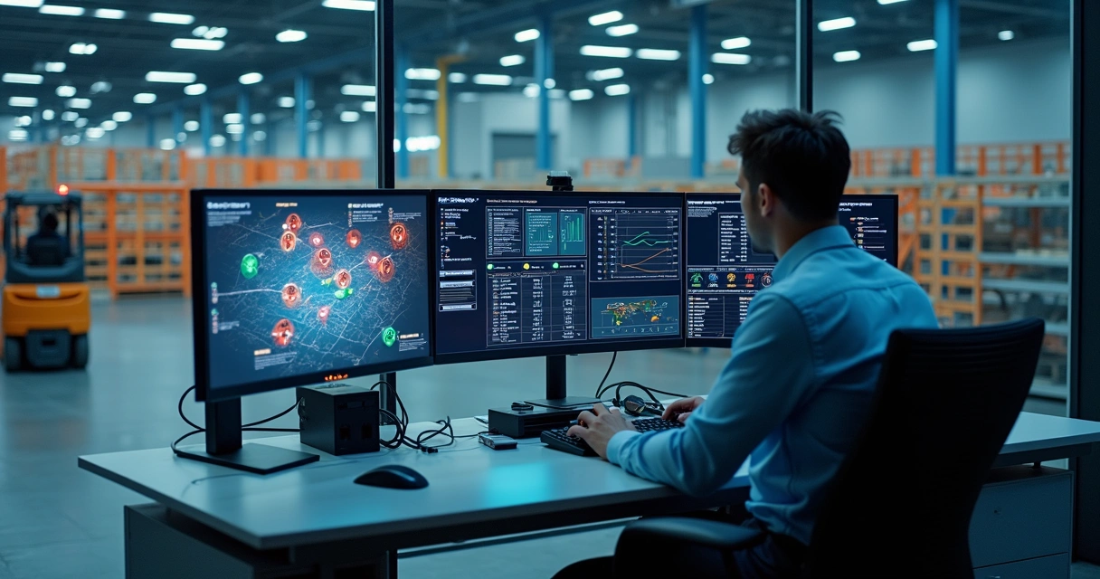 Gestor analisando painel de controle com tags RFID e sistema ERP conectados 