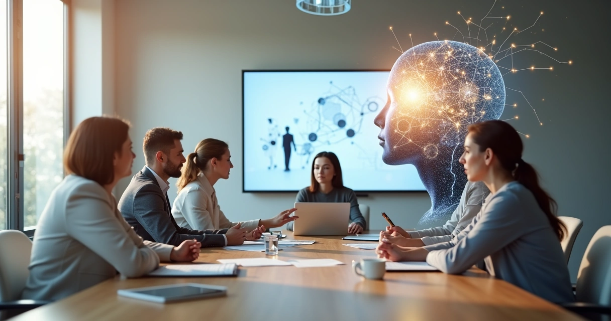 Equipe de RH em reunião colaborativa com sobreposição de silhueta humana e fluxos de energia 