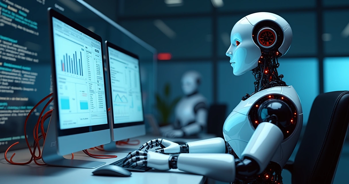 Robô digital trabalhando em dois computadores conectando sistemas contábeis diferentes 