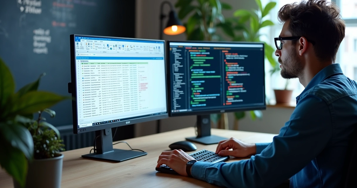 Desenvolvedor analisando integração entre ERP e API em dois monitores. 