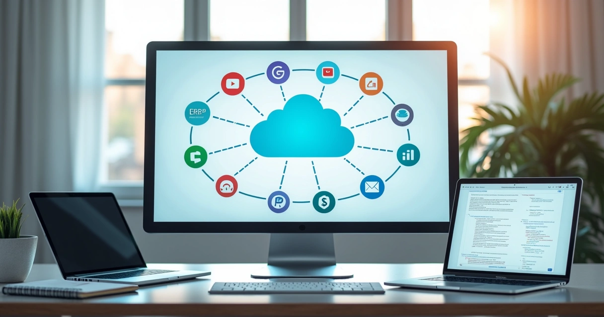 Painel com diversos ícones de integrações SaaS conectados na nuvem central 
