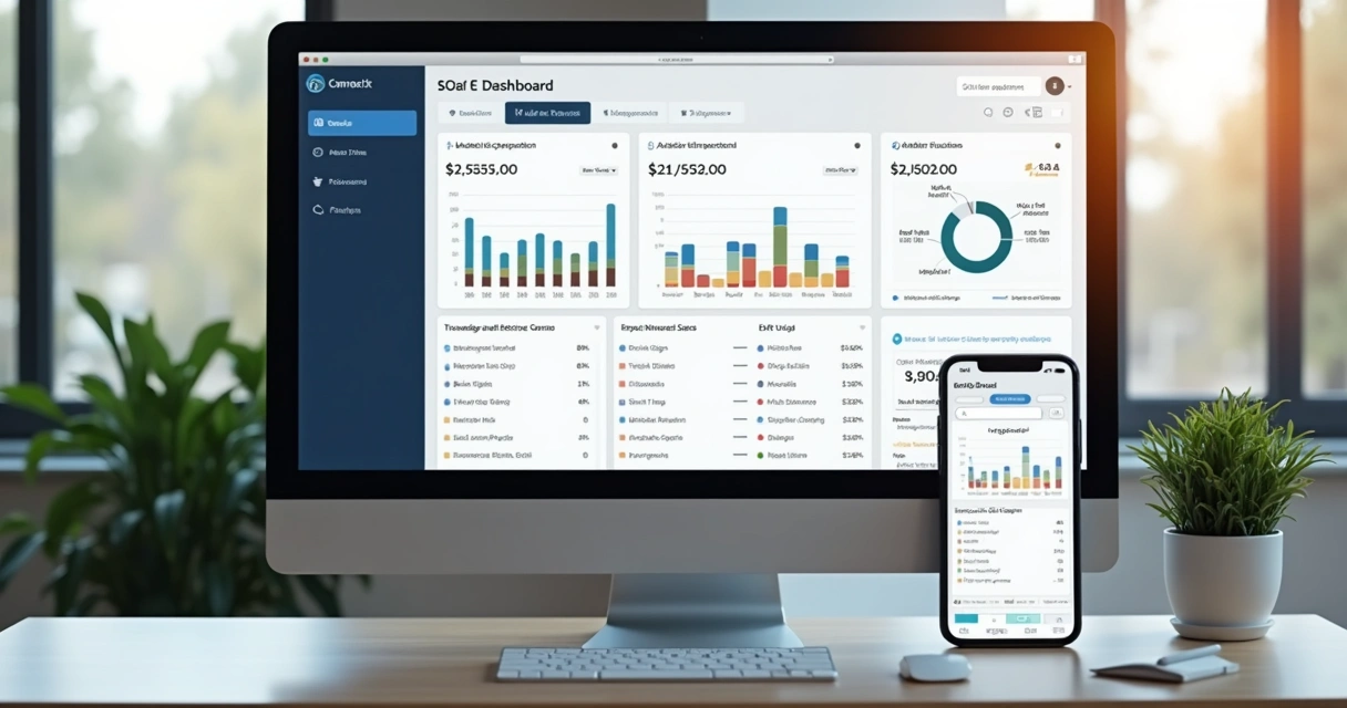 Interface de plataforma SaaS com gráficos e integração bancária. 