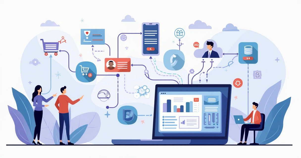 Ilustração de integração SaaS via webhooks conectando vários sistemas 