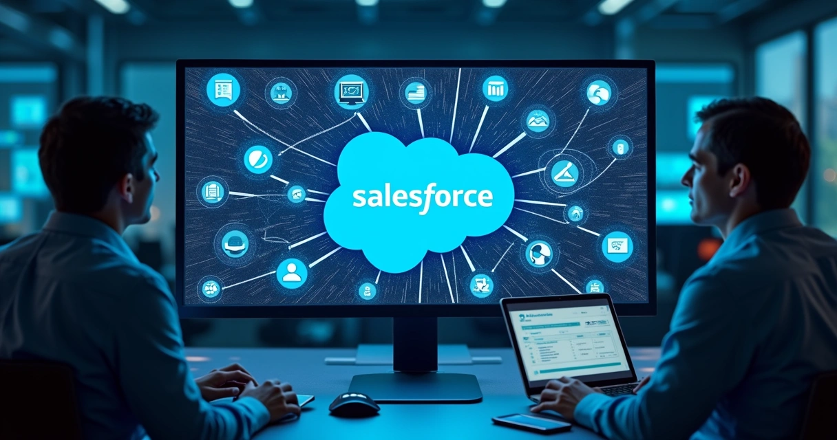 Fluxo de integração entre Salesforce e outros sistemas com ícones conectados 