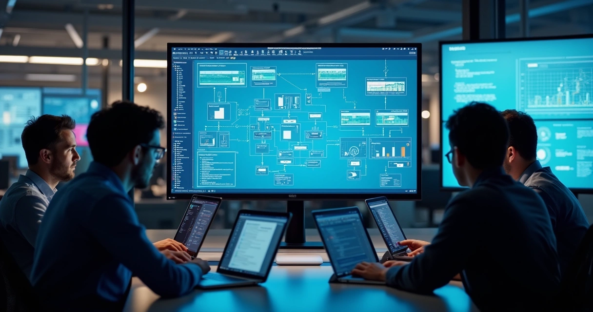 Equipe analisando fluxos de integração em uma tela cheia de fluxos de dados 