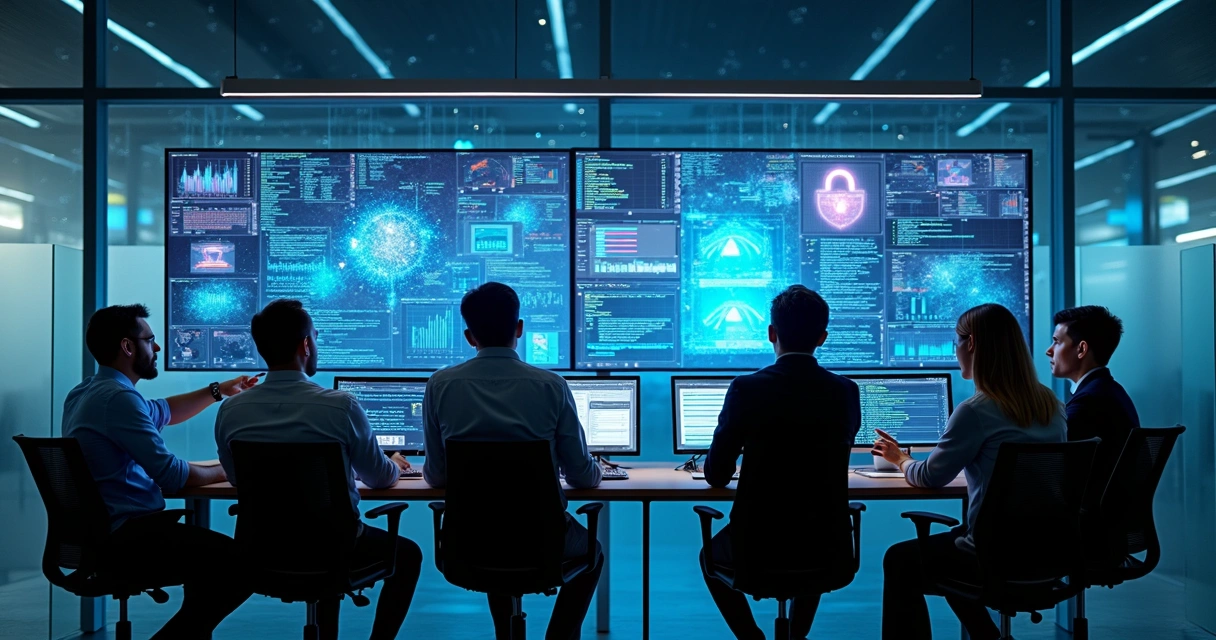 Equipe de TI analisando dashboard de segurança em ambiente corporativo 