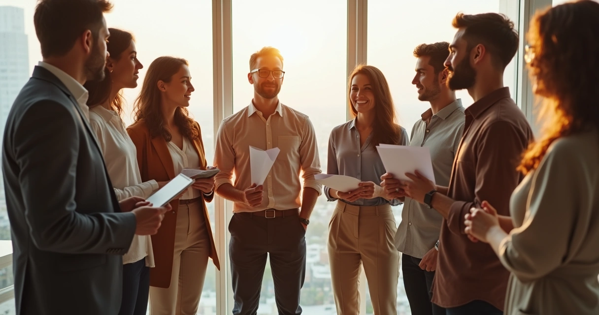 Equipe de trabalho reunida em círculo, conversando de maneira aberta e respeitosa. 