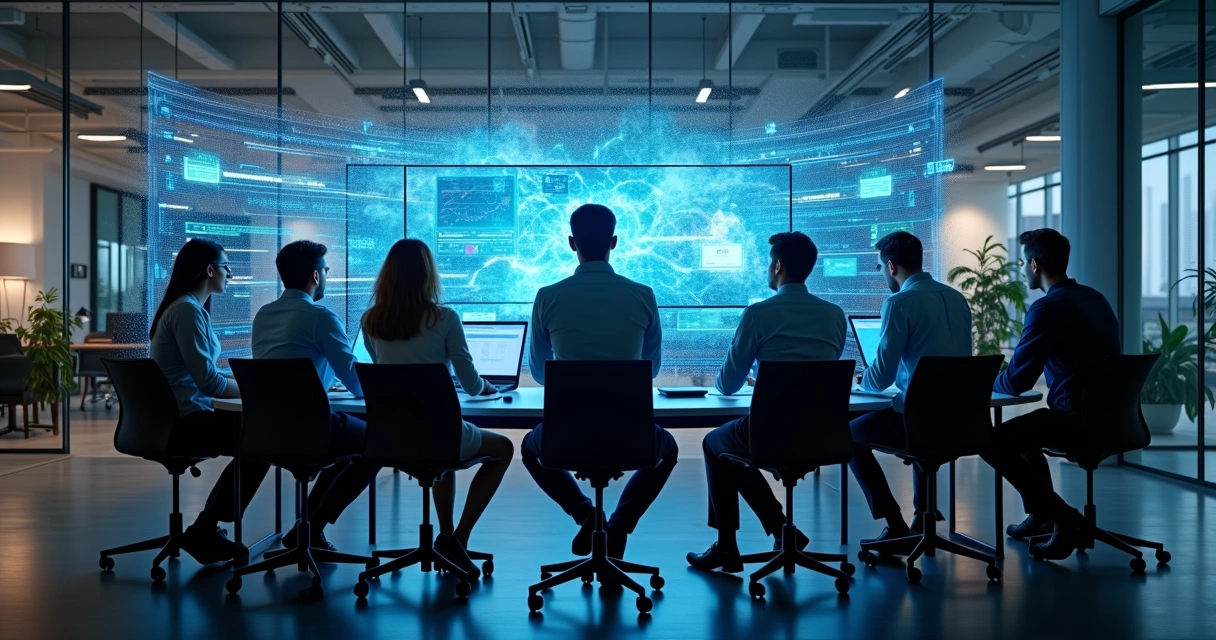 Equipe de diferentes departamentos reunida em frente a telas com dashboards 