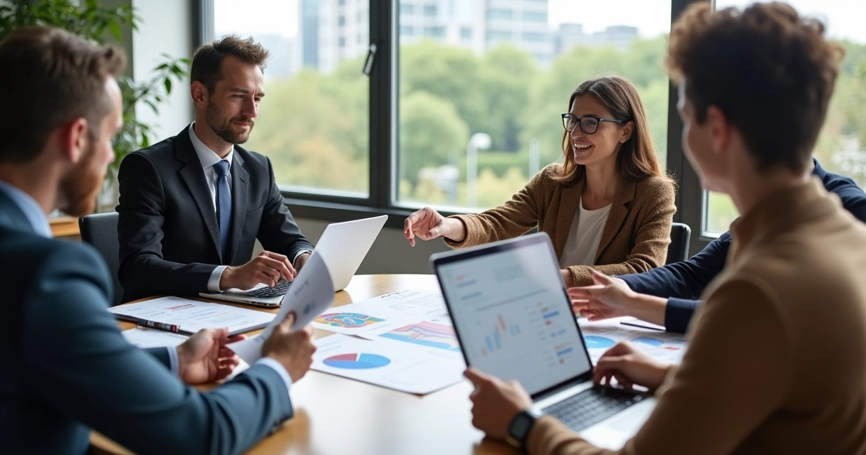 Equipe reunida trocando informações em mesa de reunião 