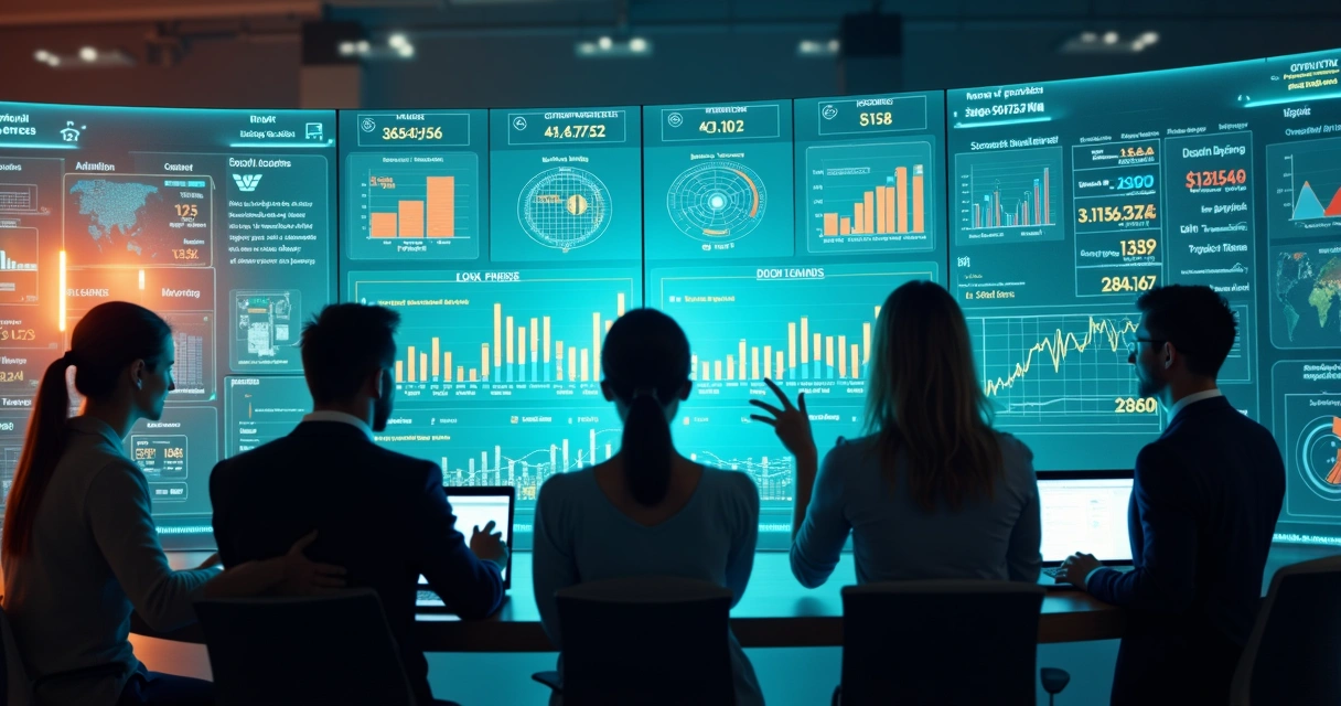 Equipe analisando dashboards integrados em tela grande 