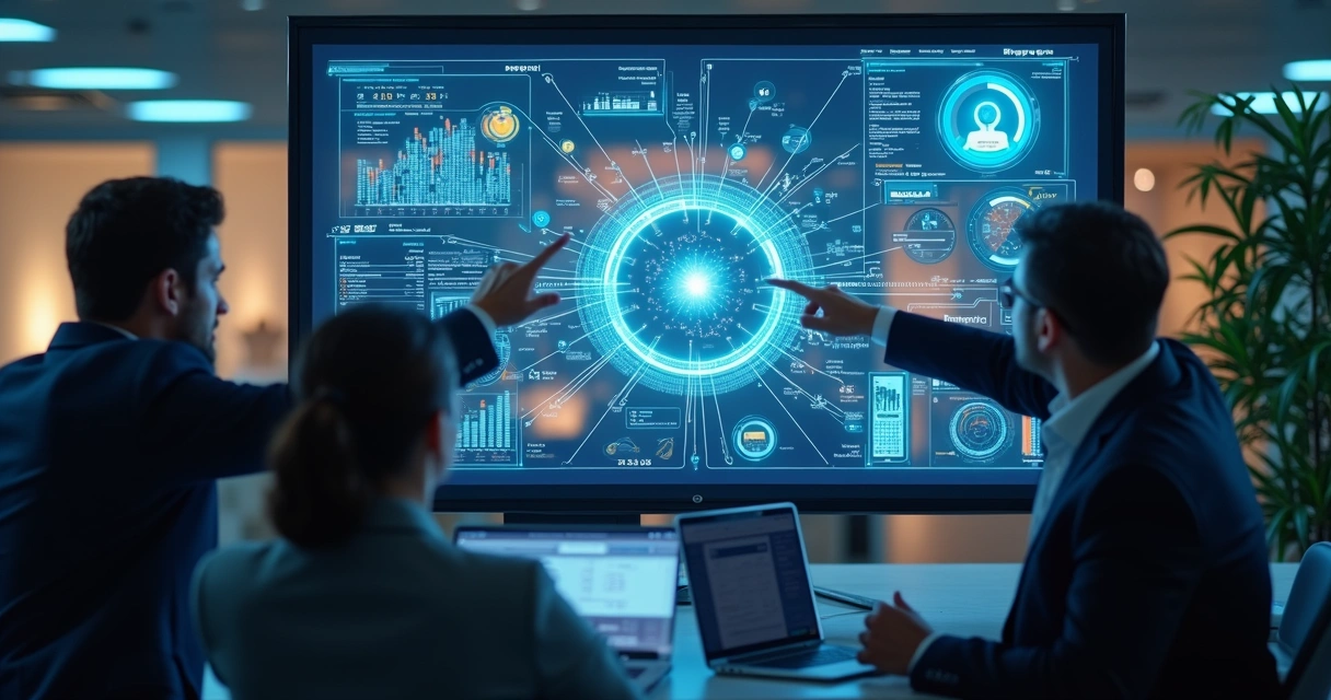 Painel digital mostrando integração de setores de uma empresa 