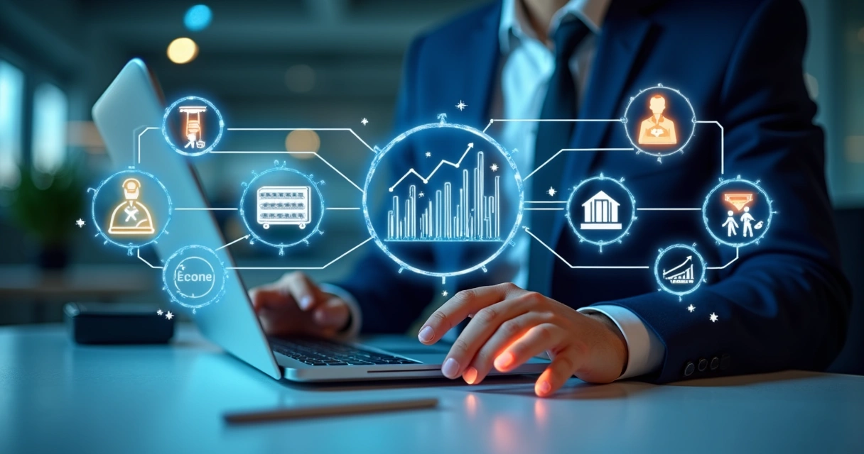 Setores empresariais integrados por ERP, linhas conectando departamentos 