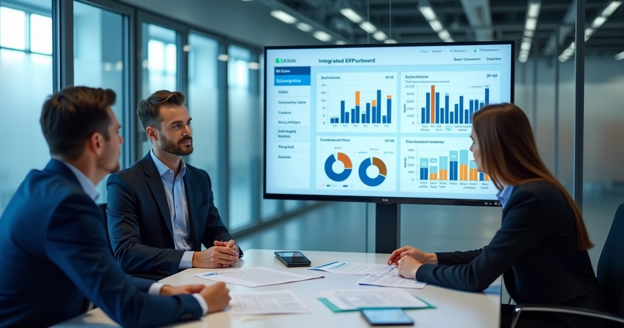Equipe analisando painel integrado de vendas e logística