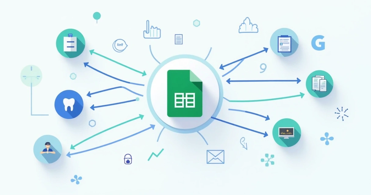 Fluxo de dados entre planilhas Google, CRM odontológico e ferramenta de marketing digital 