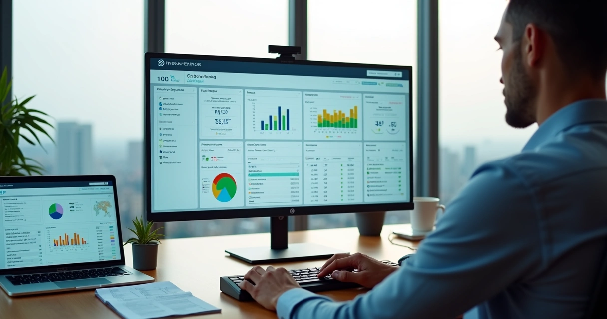 Tela de sistema contábil integrado a bancos com gráficos financeiros em escritório moderno 