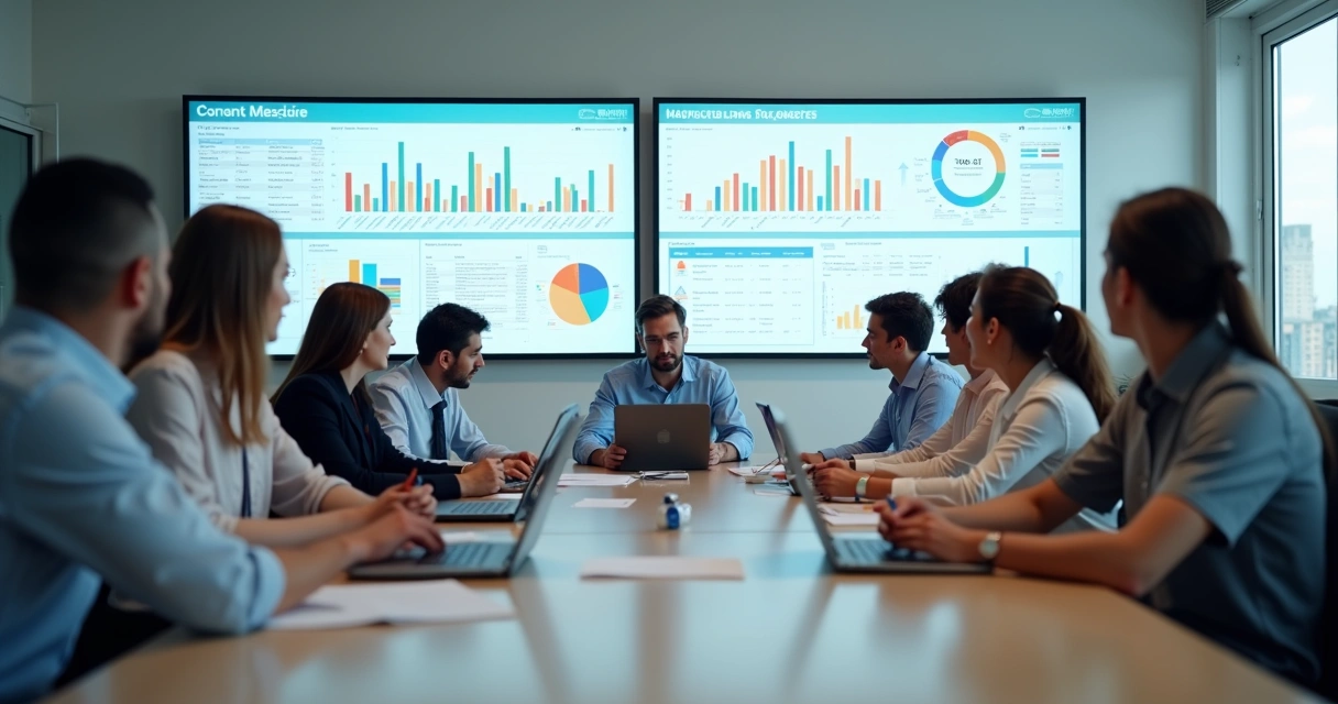 Equipe escolar reunida em mesa retangular analisando telas digitais com gráficos e dados de gestão escolar 