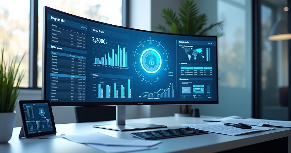 Tela de computador mostrando sistema fiscal integrado a ERP com gráficos e dados fiscais 