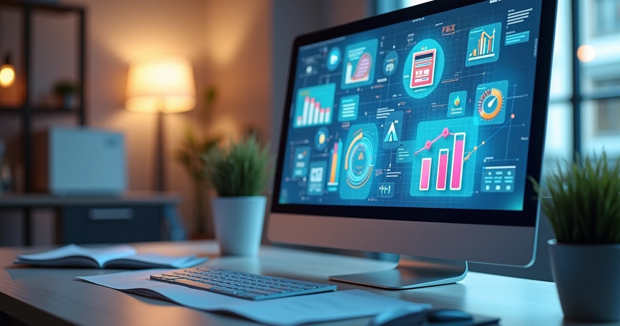 Tela de computador mostrando gráficos e fluxo de documentos fiscais integrados 