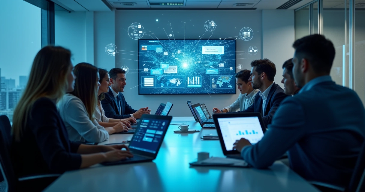 Equipe reunida em mesa de escritório analisando vários notebooks conectados por gráficos digitais 