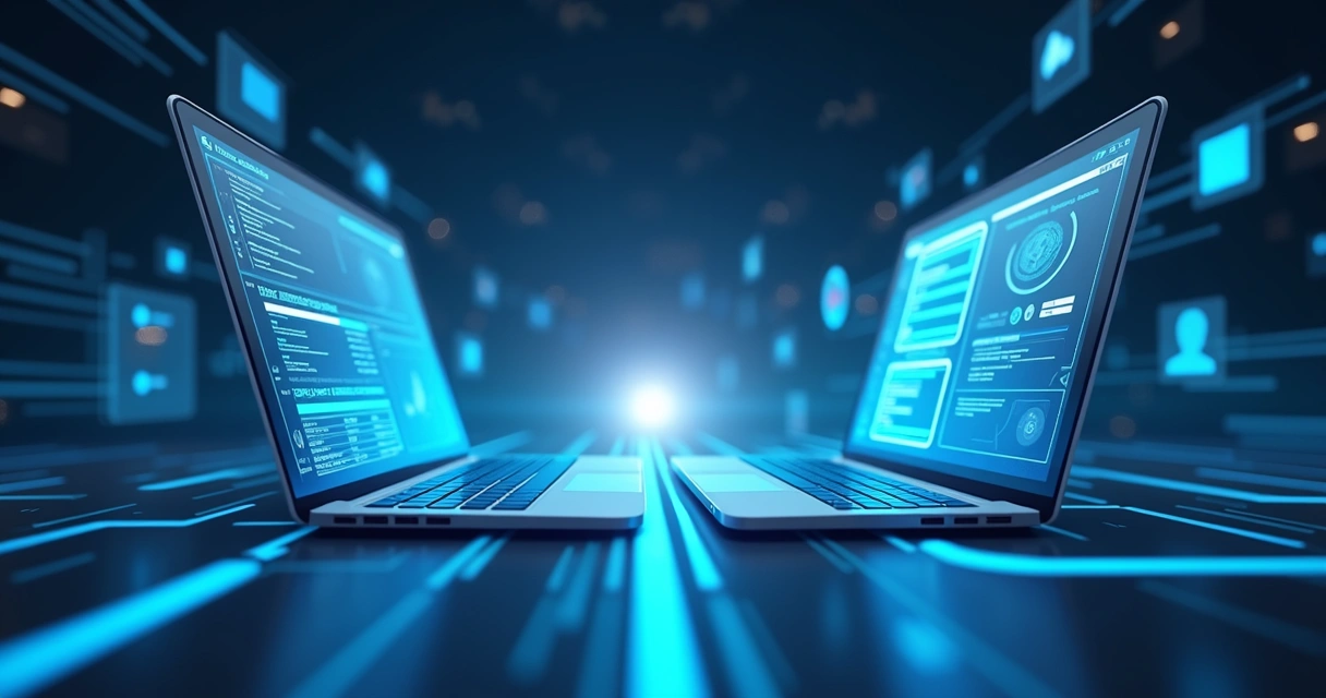 Ilustração de dois sistemas corporativos diferentes se conectando por meio de linhas digitais azuis 