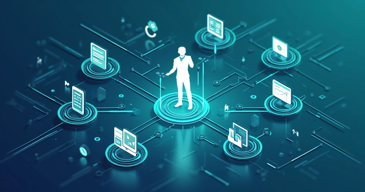 Painel digital integrando dados de diferentes sistemas com agente de IA ao centro. 