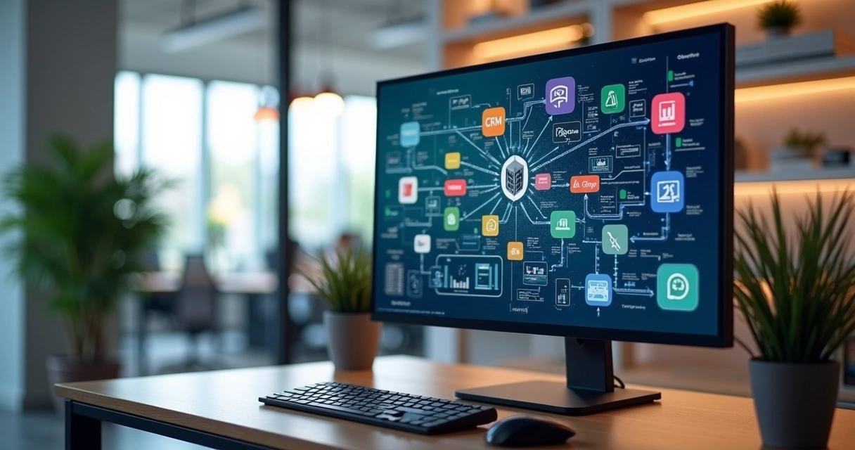 Tela de computador mostrando fluxos de integrações entre sistemas conectados por APIs com gráficos e diagramas coloridos 
