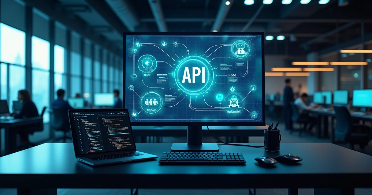 Conceito visual de integração de sistemas por APIs em ambiente corporativo digital 