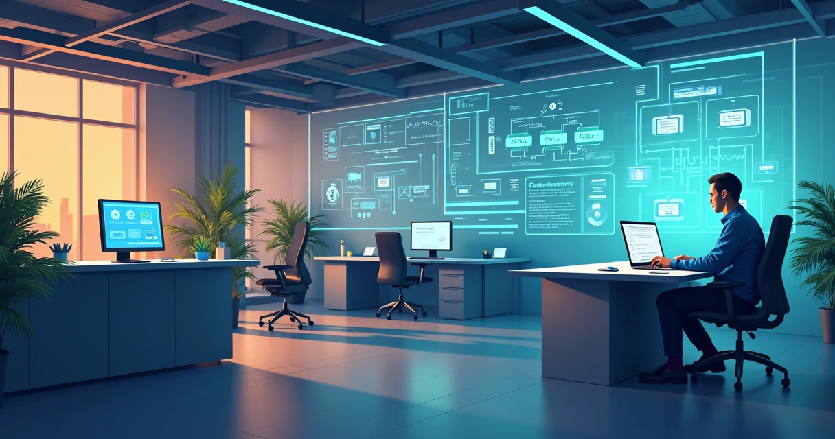 Ambiente de escritório moderno com integração de sistemas de assistência técnica. Destaques em eficiência e tecnologia.