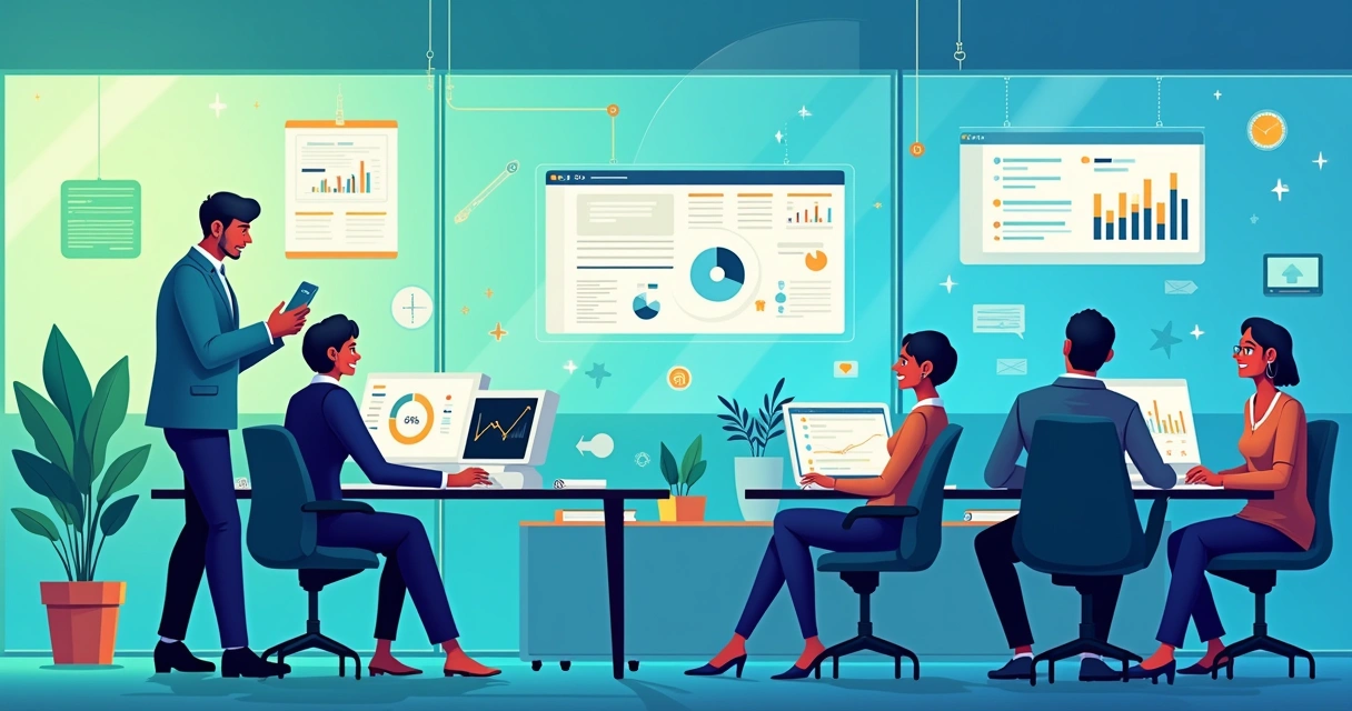 Ambiente de escritório com equipe tecnológica colaborando sobre integração de sistemas para atendimento eficaz.
