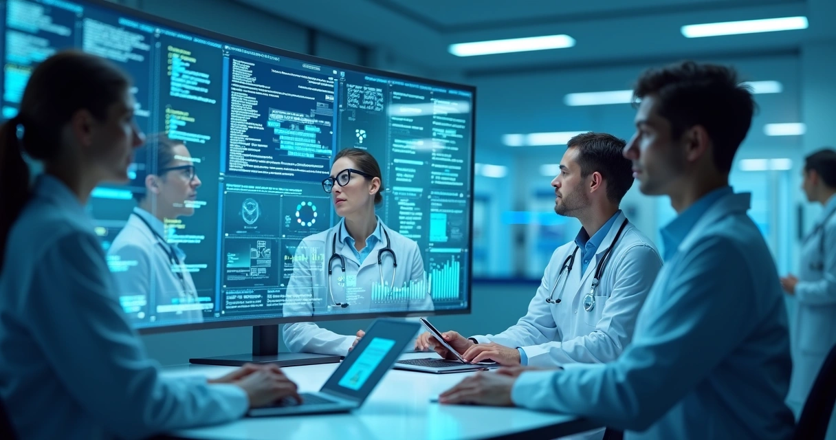 Equipe médica em ambiente digital integrando sistemas de diferentes tipos 