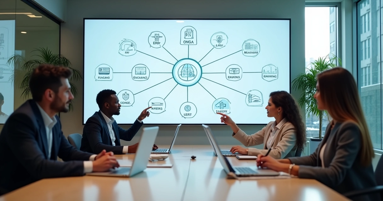 Equipe contábil analisando integrações de sistemas em um painel digital 