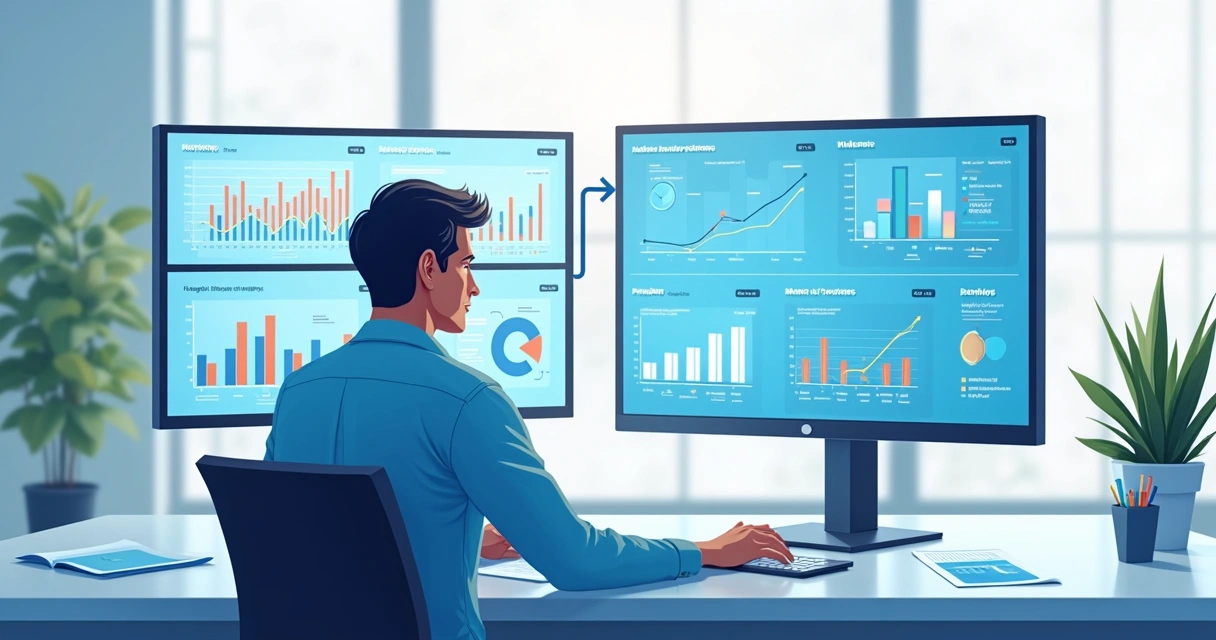 Profissional de contabilidade olhando telas com gráficos e dados integrados 