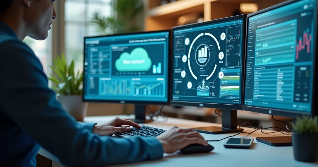 Profissional de TI conectando sistemas contábeis em três telas de computador 