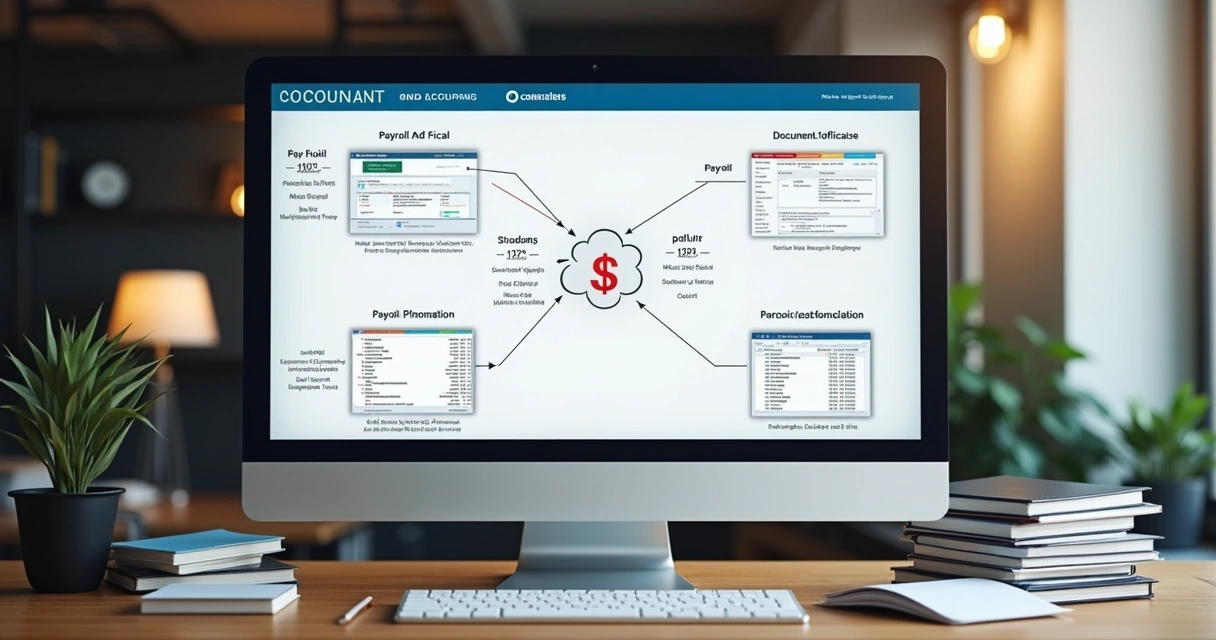 Tela de sistema contábil mostrando integração entre módulos de folha, fiscal e documentos 