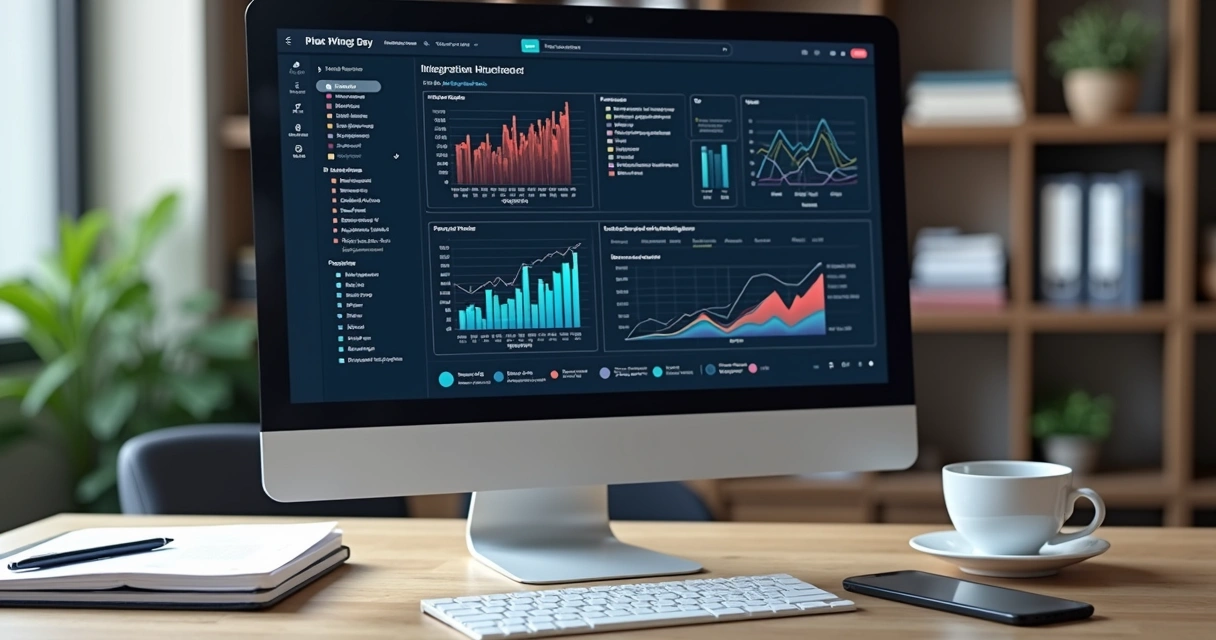 Tela de computador exibindo integração de sistemas contábeis com fluxos de dados financeiros em gráficos e códigos 