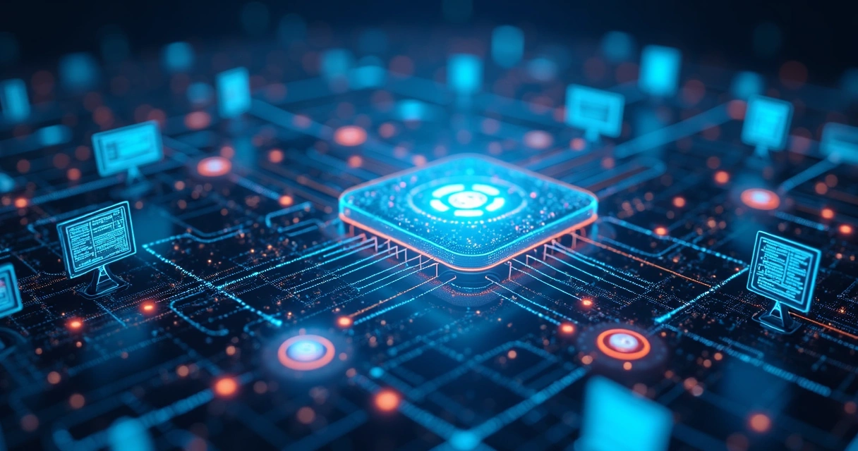 Conexão visual entre diversos sistemas corporativos, como ERP e CRM, com fluxos de dados digitalizados e organizados 