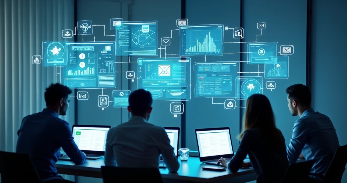 Fluxo digital conectando CRM, marketing, atendimento e ERP 