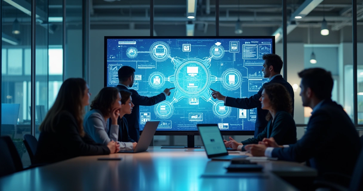 Equipe reunida ao redor de uma tela mostrando integrações de sistemas digitais 