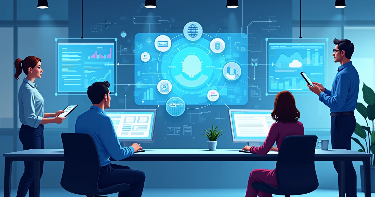 Equipe de vendas olhando para telas conectadas entre si 