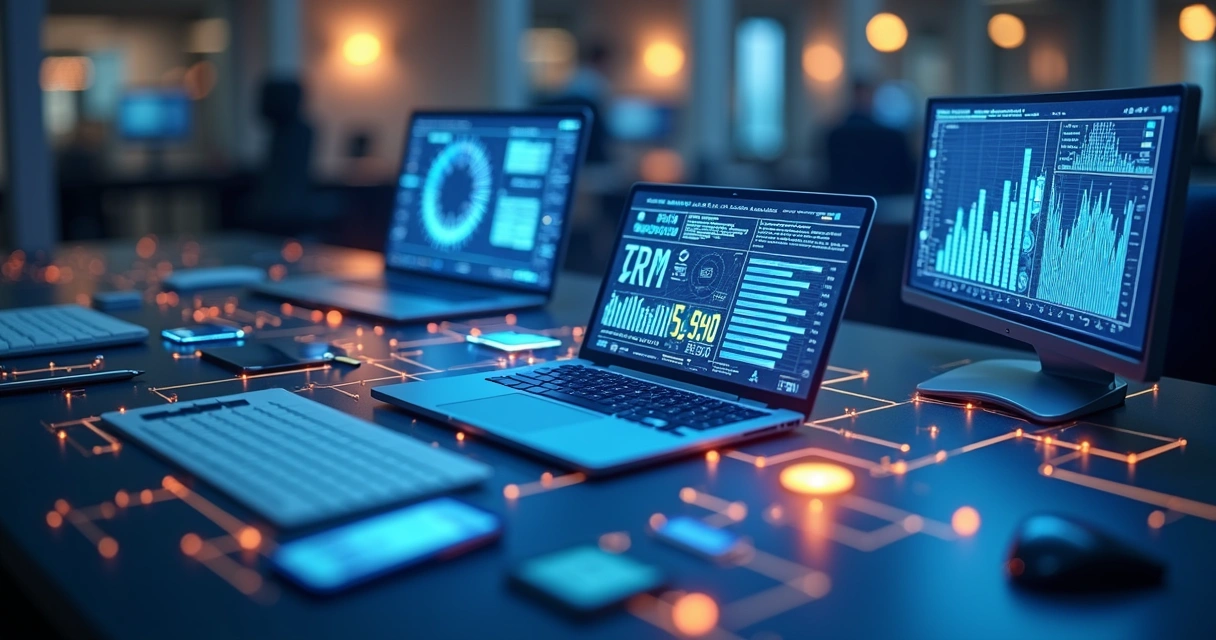 Empresas de Geração de Leads B2B: Como Escolher e Potencializar Resultados 3 Fluxo de dados entre CRM, plataforma de leads e sistemas de vendas representado por telas